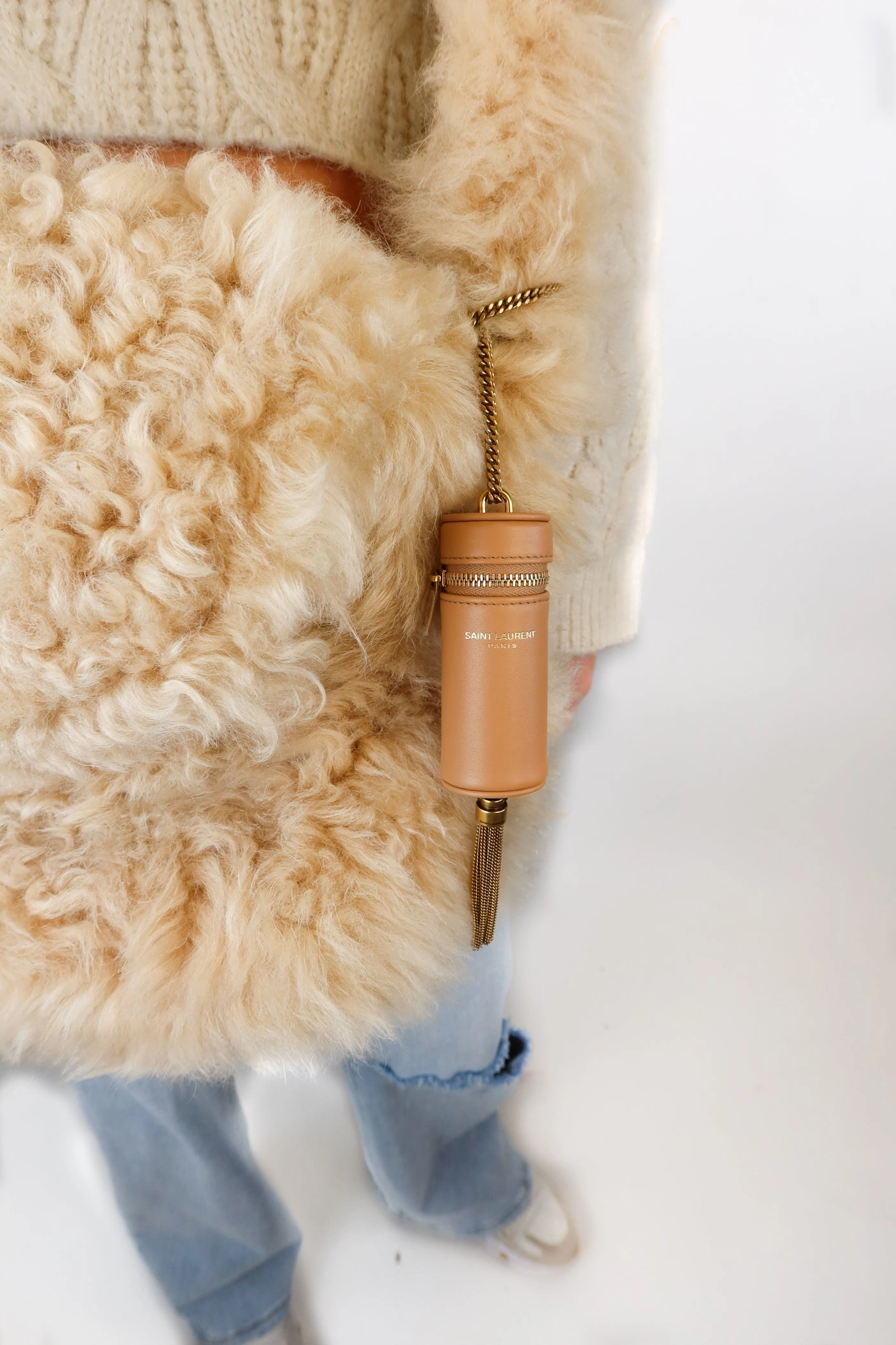 Saint Laurent Beige Genuine Shearling Shoulder Bag (retail approx. $4,000)*