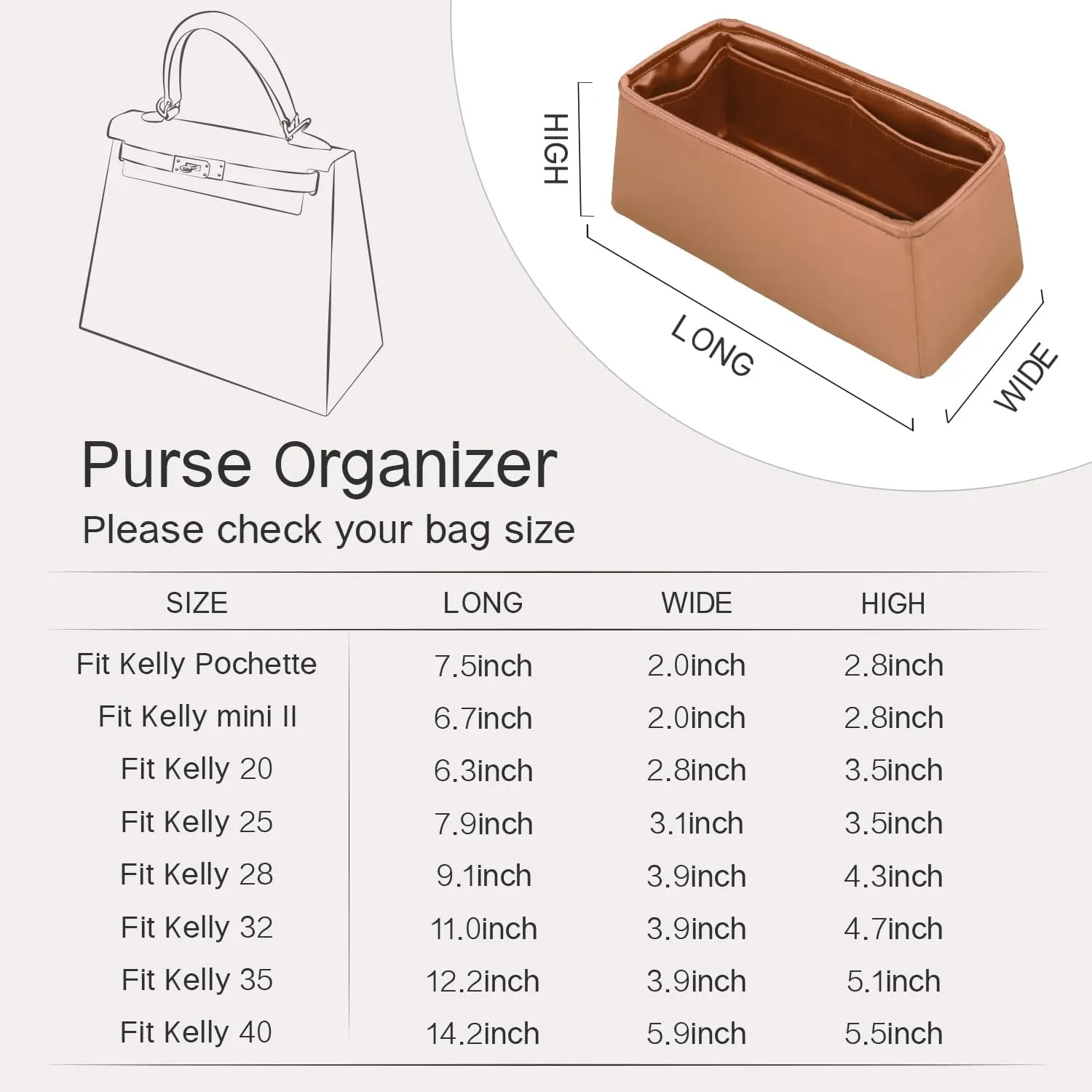 Silky Insert for Kelly 20, Lightweight Purse Organizer Insert Compatible with Hermes Kelly 20, Silky Smooth Handbag Shaper(Gold)