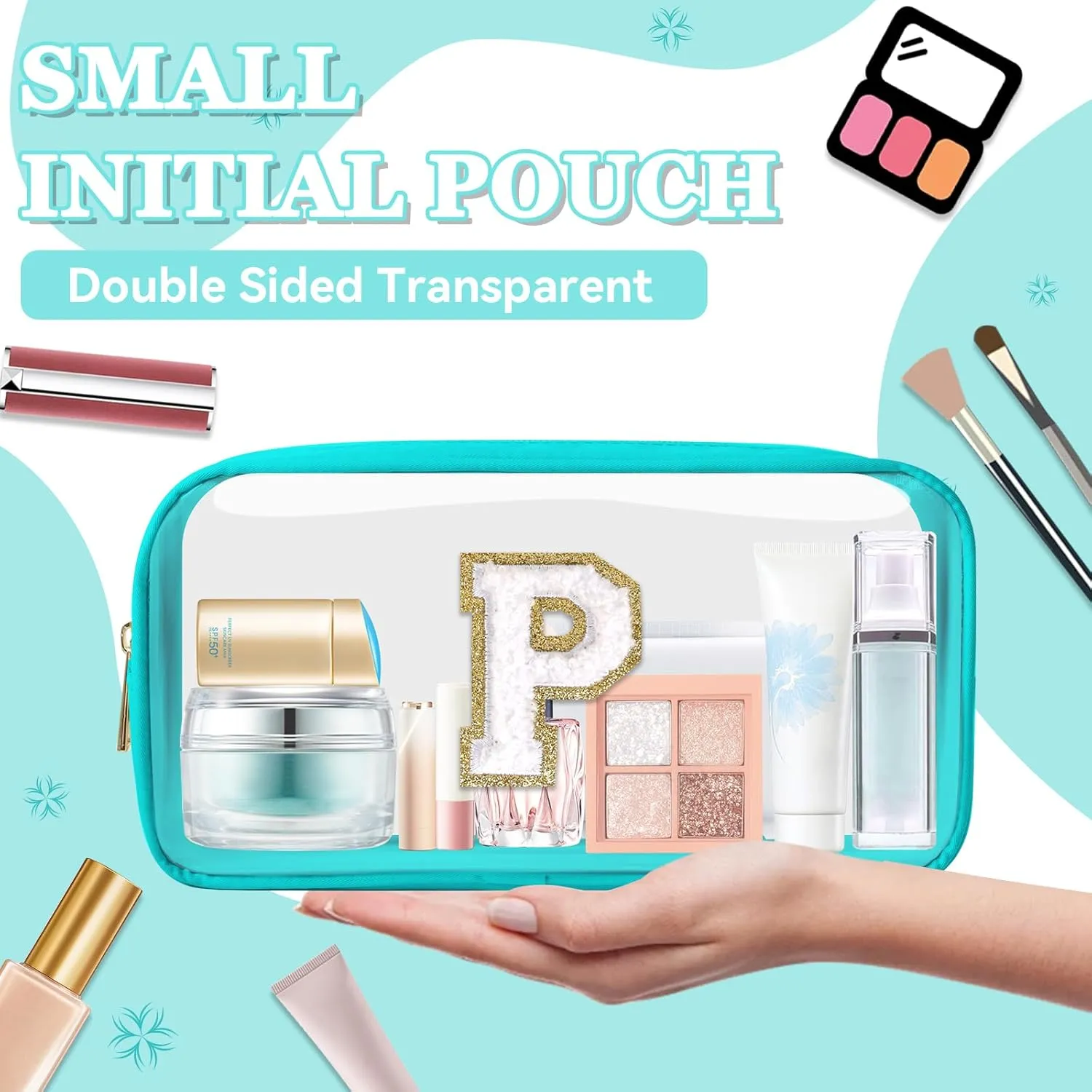 Small Clear Personalized Initial Makeup Bag, Preppy Nylon A-Z Chenille Letter Patch Makeup Organizer TSA Approved Travel Toiletry Bag,Waterproof Zip Beach Cosmetic Pouch Purse for Women(Cyan-White P)