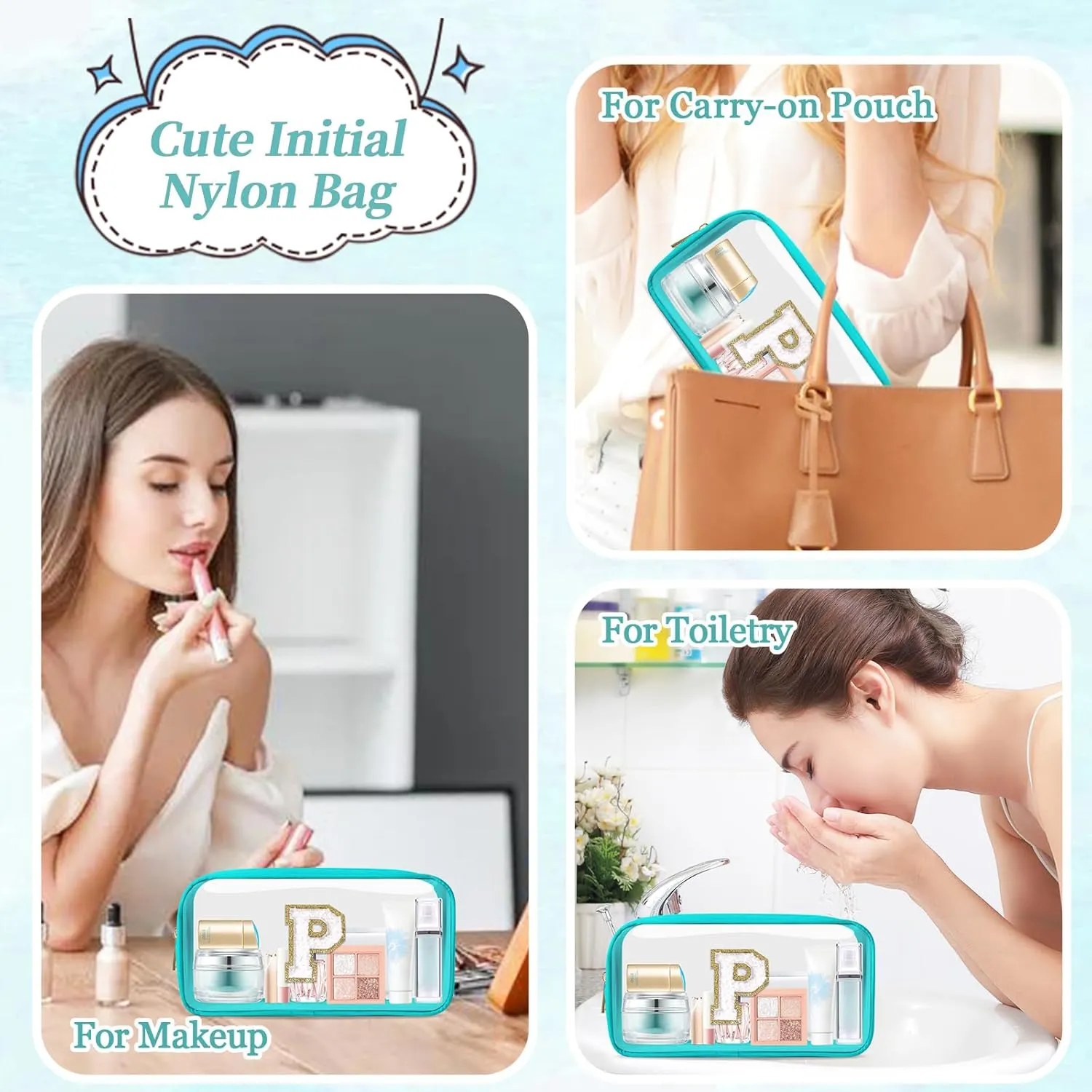 Small Clear Personalized Initial Makeup Bag, Preppy Nylon A-Z Chenille Letter Patch Makeup Organizer TSA Approved Travel Toiletry Bag,Waterproof Zip Beach Cosmetic Pouch Purse for Women(Cyan-White P)