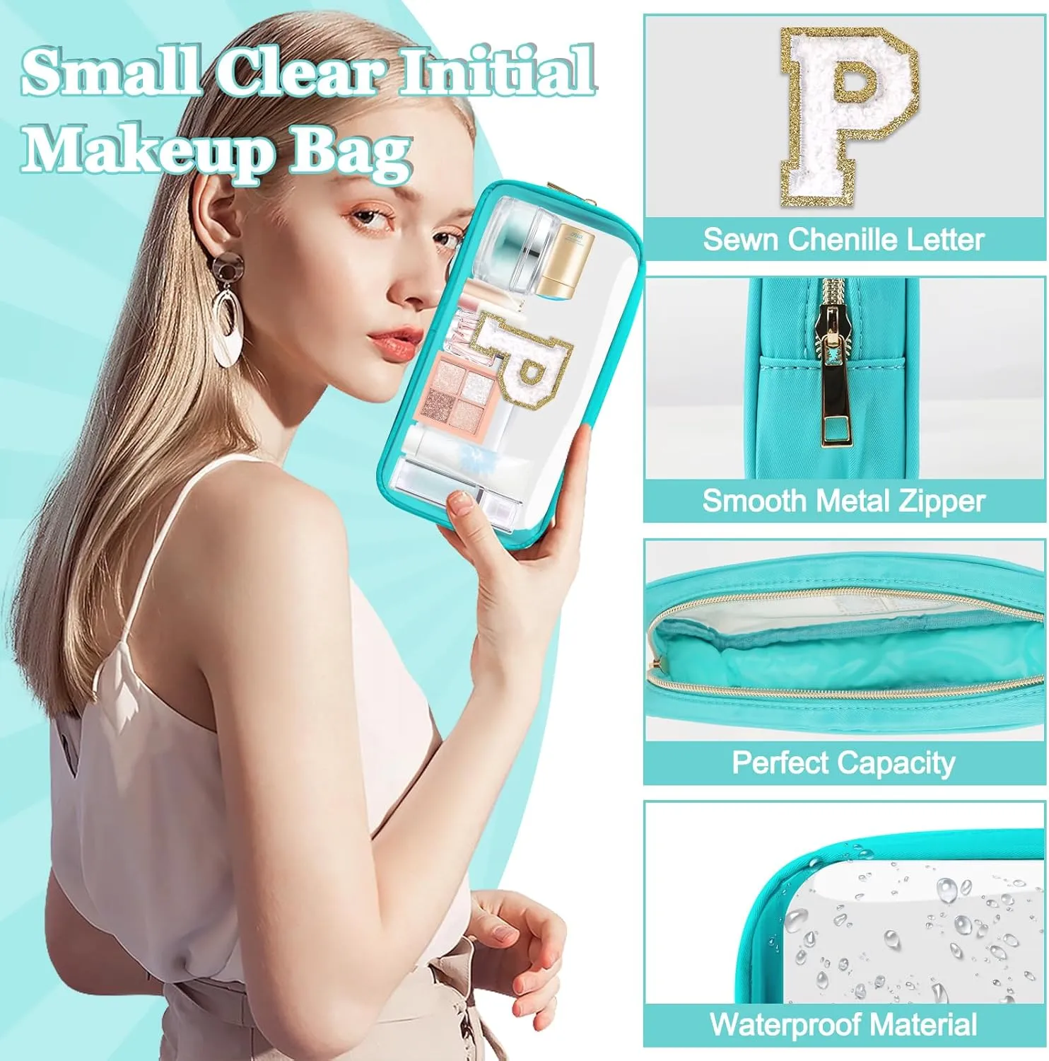 Small Clear Personalized Initial Makeup Bag, Preppy Nylon A-Z Chenille Letter Patch Makeup Organizer TSA Approved Travel Toiletry Bag,Waterproof Zip Beach Cosmetic Pouch Purse for Women(Cyan-White P)