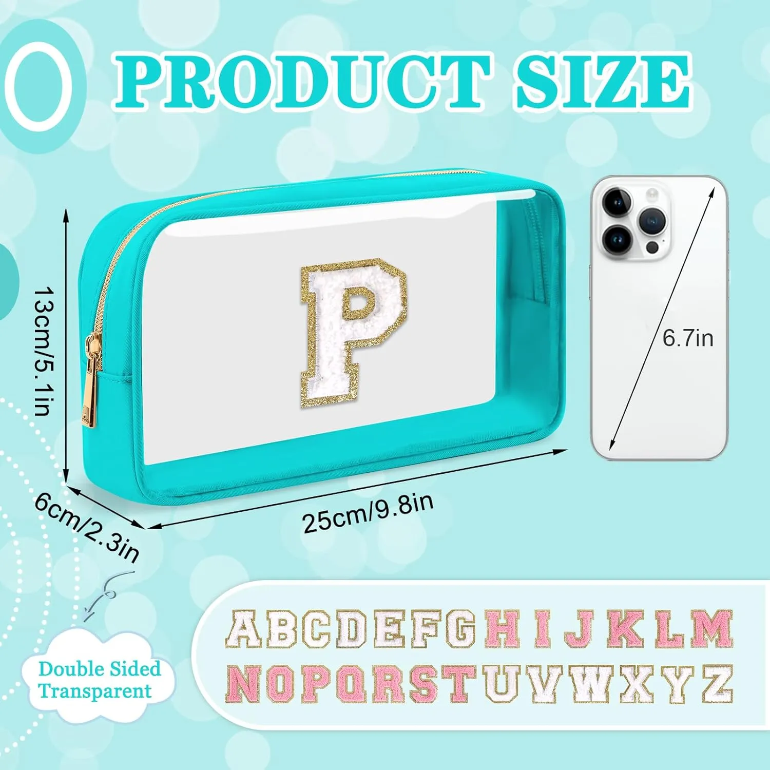 Small Clear Personalized Initial Makeup Bag, Preppy Nylon A-Z Chenille Letter Patch Makeup Organizer TSA Approved Travel Toiletry Bag,Waterproof Zip Beach Cosmetic Pouch Purse for Women(Cyan-White P)