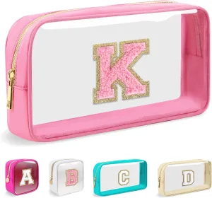 Small Clear Personalized Initial Makeup Bag,Nylon Preppy A-Z Chenille Letter Patch Cosmetic Pouch Beach Toiletry Bag,Waterproof Zipper Travel Purse Storage Bag Organizer for Women Girls(Pink-Pink K)