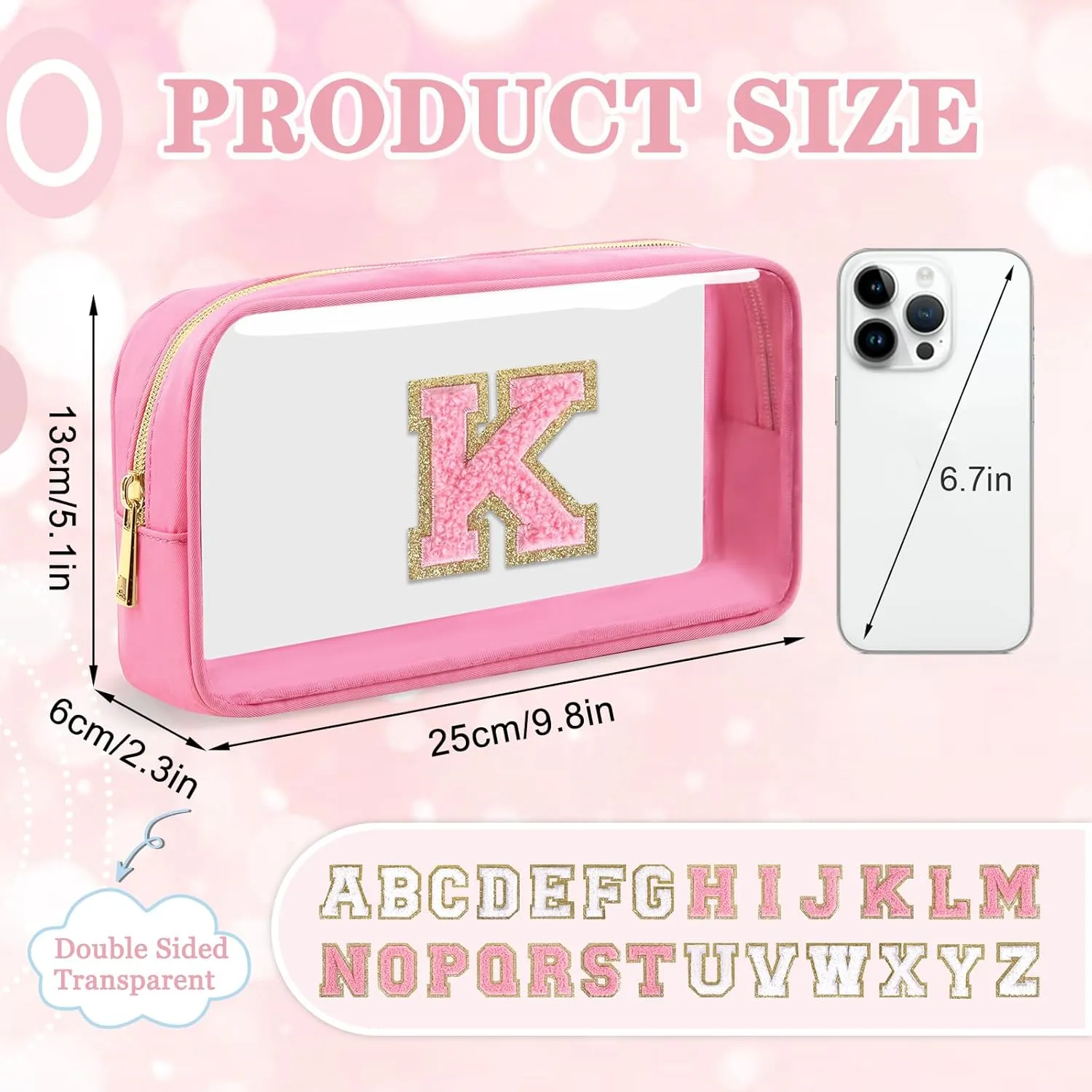 Small Clear Personalized Initial Makeup Bag,Nylon Preppy A-Z Chenille Letter Patch Cosmetic Pouch Beach Toiletry Bag,Waterproof Zipper Travel Purse Storage Bag Organizer for Women Girls(Pink-Pink K)