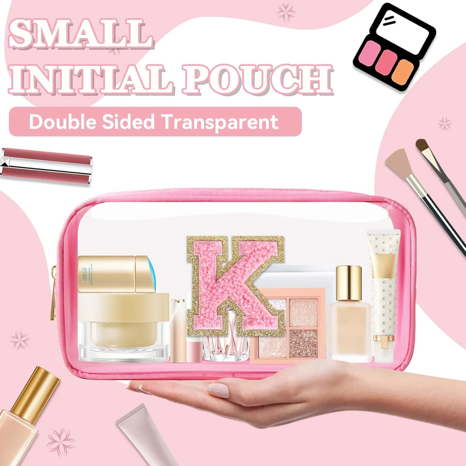 Small Clear Personalized Initial Makeup Bag,Nylon Preppy A-Z Chenille Letter Patch Cosmetic Pouch Beach Toiletry Bag,Waterproof Zipper Travel Purse Storage Bag Organizer for Women Girls(Pink-Pink K)