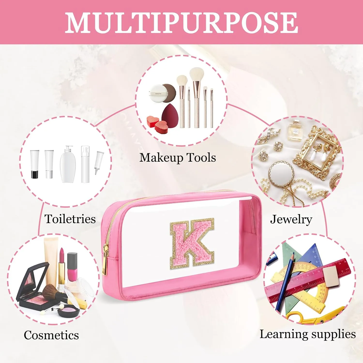 Small Clear Personalized Initial Makeup Bag,Nylon Preppy A-Z Chenille Letter Patch Cosmetic Pouch Beach Toiletry Bag,Waterproof Zipper Travel Purse Storage Bag Organizer for Women Girls(Pink-Pink K)