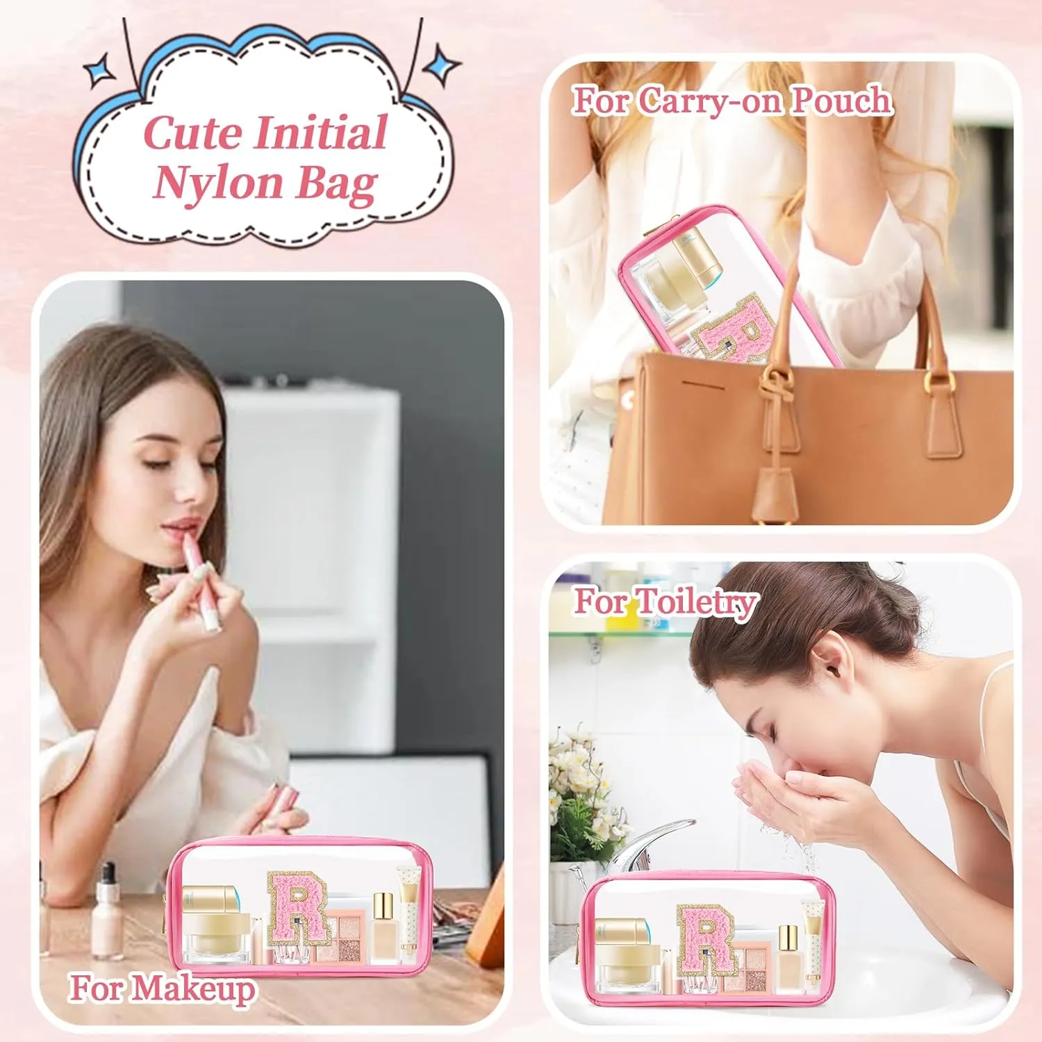 Small Clear Personalized Initial Makeup Bag,Nylon Preppy A-Z Chenille Letter Patch Cosmetic Pouch Beach Toiletry Bag,Waterproof Zipper Travel Purse Storage Bag Organizer for Women Girls(Pink-Pink R)
