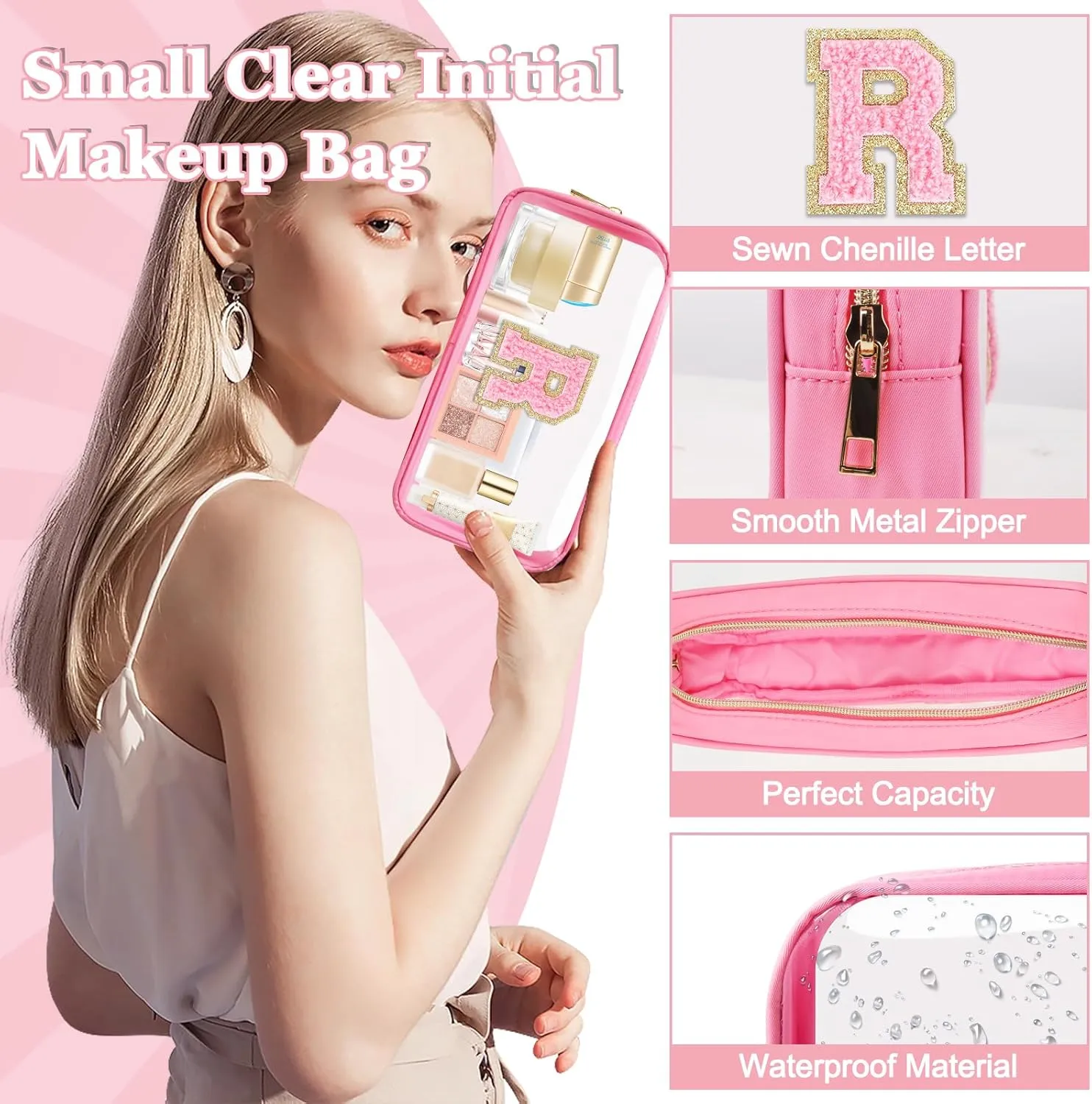 Small Clear Personalized Initial Makeup Bag,Nylon Preppy A-Z Chenille Letter Patch Cosmetic Pouch Beach Toiletry Bag,Waterproof Zipper Travel Purse Storage Bag Organizer for Women Girls(Pink-Pink R)
