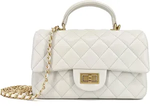 Small Quilted Crossbody Bags for Women, Genuine Leather Shoulder Bag w/Gold Chain Strap, Soft Mini Top Handle Flap Purse