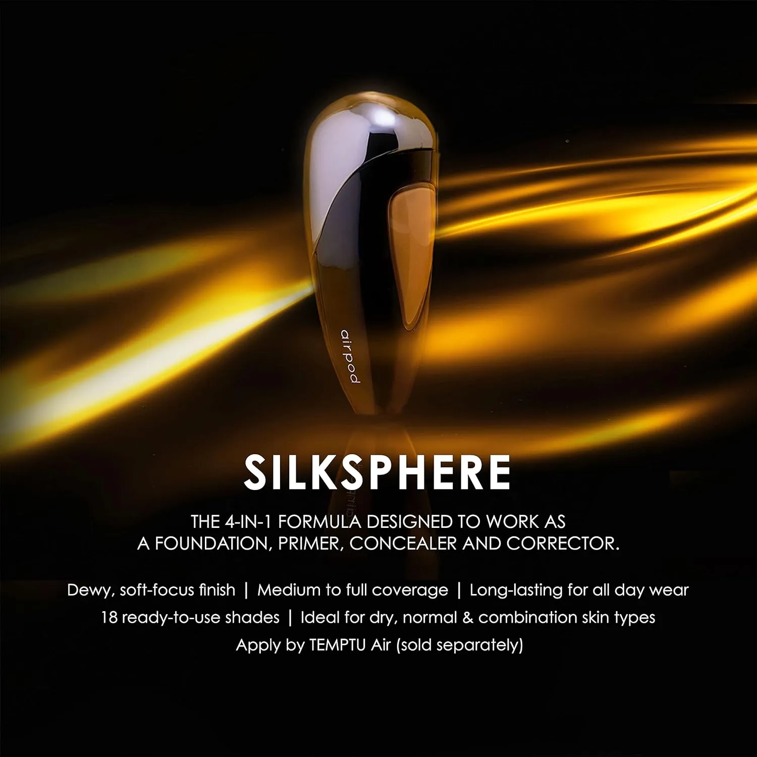 TEMPTU SilkSphere Airbrush Foundation Airpod: Long-Lasting Makeup, Medium to Full Coverage | 4-In-1 Formula Foundation, Primer, Concealer & Corrector | Dewy, Soft-Focus Finish | 18 Shades