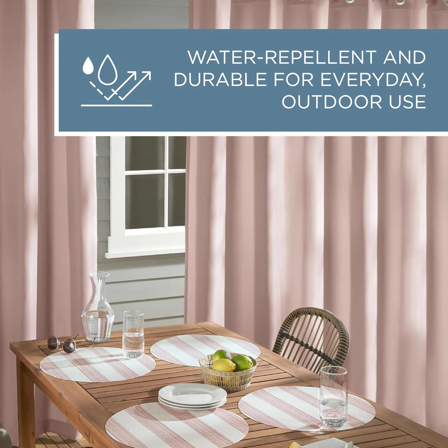 TOWN & COUNTRY BASICS Cabana Solid Heavyweight Indoor Outdoor Curtains, Light Filtering Opacity with Grommet Top, Water Repellent, 2-Pack Set, 54"x84", Blush