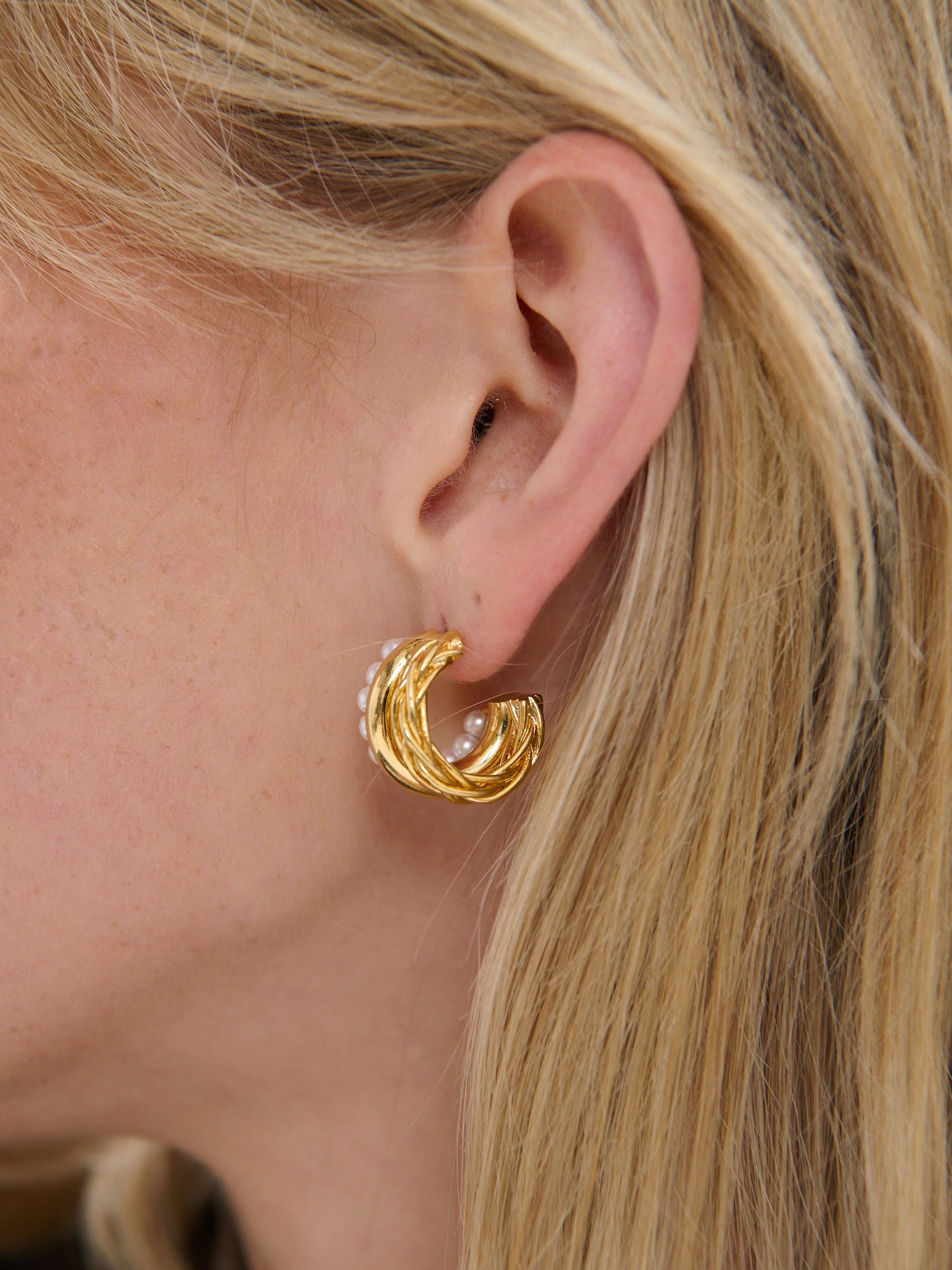 Trio Pearl Layered 18K Gold Plated Earrings