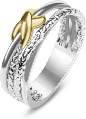 Two Tone Gold and Silver Rings For Women Fashion Designer Jewelry Twisted Crossover Cable Wire Band Ring (Size 6-9)