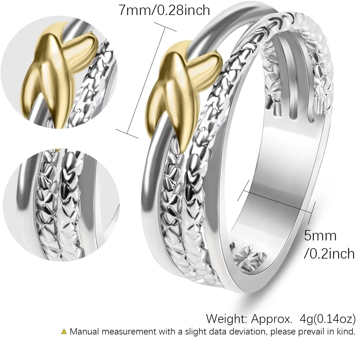 Two Tone Gold and Silver Rings For Women Fashion Designer Jewelry Twisted Crossover Cable Wire Band Ring (Size 6-9)