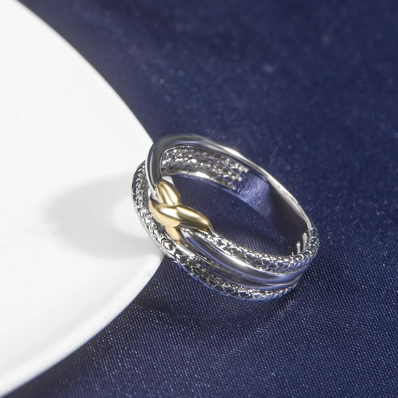 Two Tone Gold and Silver Rings For Women Fashion Designer Jewelry Twisted Crossover Cable Wire Band Ring (Size 6-9)