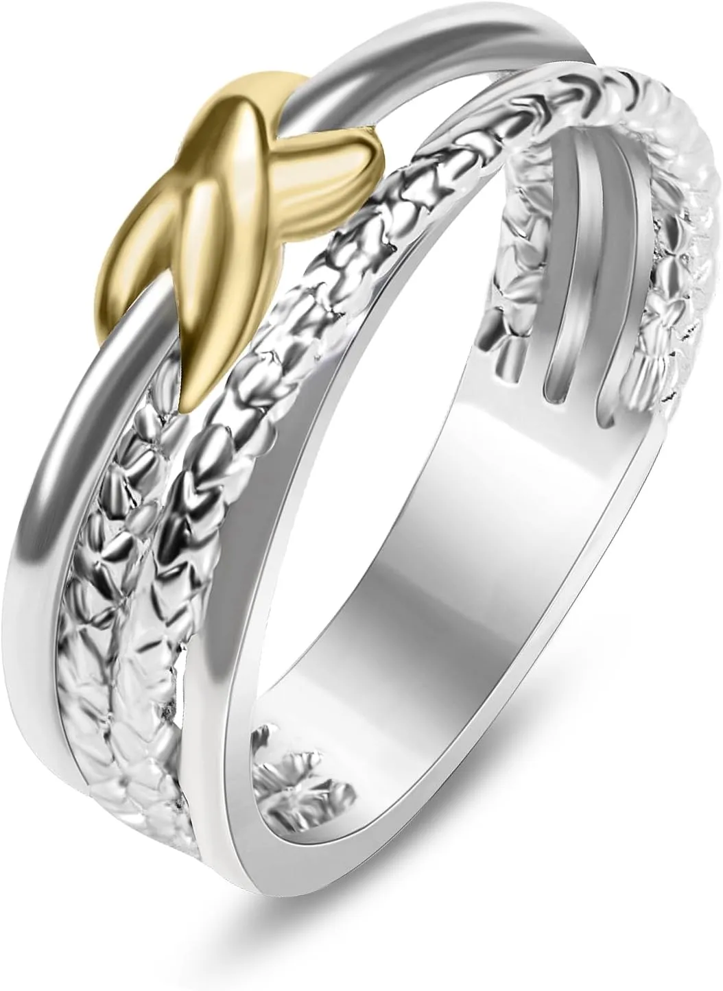 Two Tone Gold and Silver Rings For Women Fashion Designer Jewelry Twisted Crossover Cable Wire Band Ring (Size 6-9)