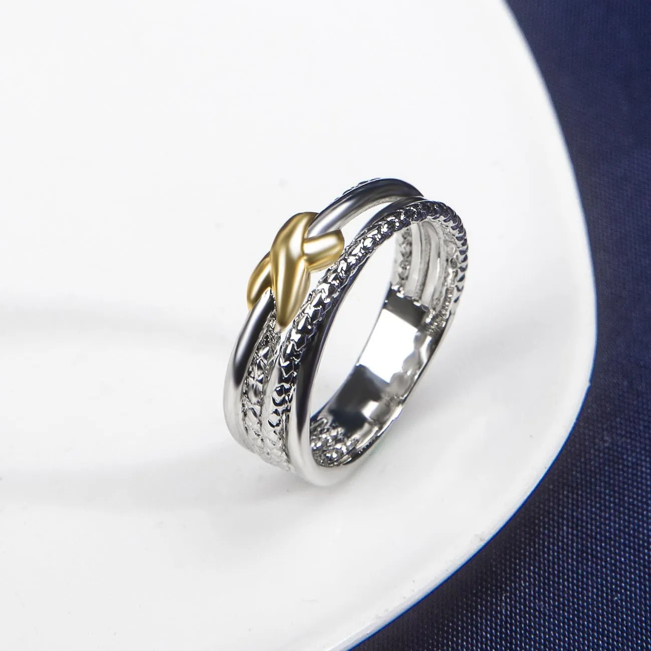 Two Tone Gold and Silver Rings For Women Fashion Designer Jewelry Twisted Crossover Cable Wire Band Ring (Size 6-9)