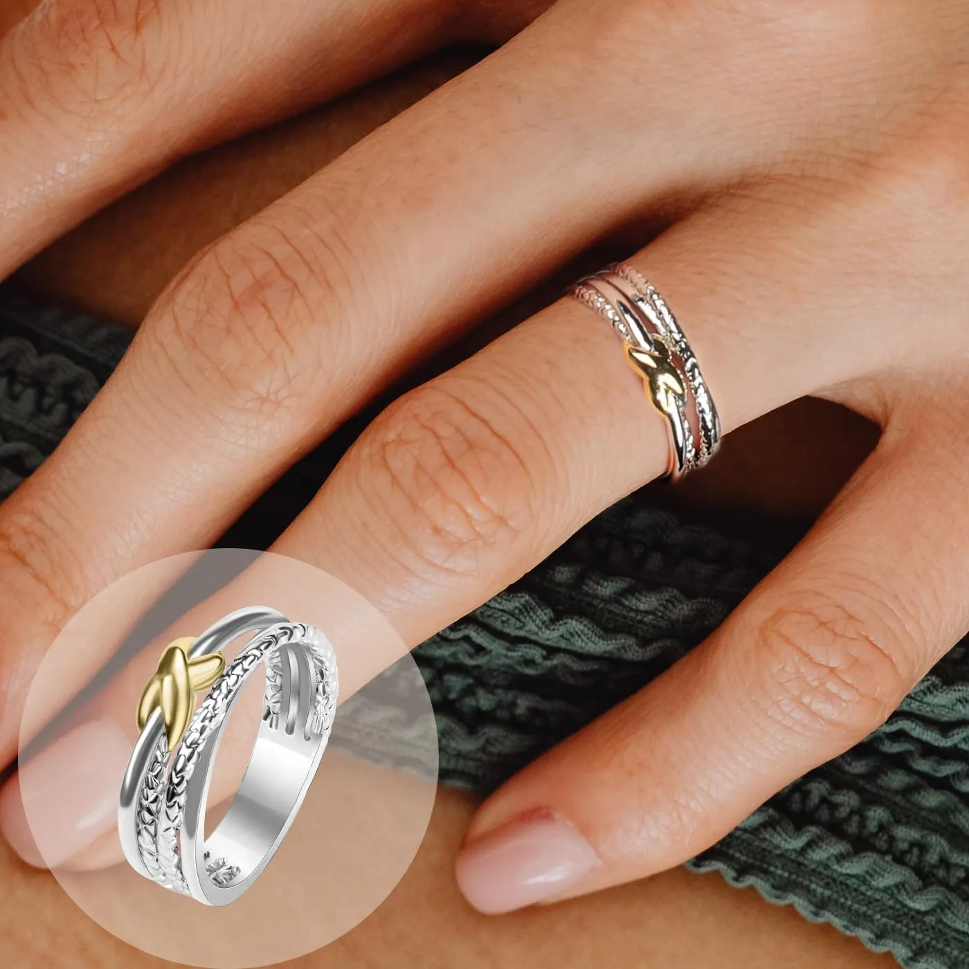 Two Tone Gold and Silver Rings For Women Fashion Designer Jewelry Twisted Crossover Cable Wire Band Ring (Size 6-9)