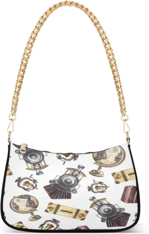 Vintage Globes Train Railway Womens Shoulder Bag for Women Girls Hobo Tote Handbag Gold Chain Crossbody Bag with Zipper Clutch Purse Handbags