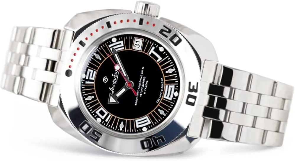 Vostok | Classic Amphibian Automatic Self-Winding Russian Diver Wrist Watch | WR 200 m | Fashion | Business | Casual Men's Watches | Model 710394 Steel Bracelet