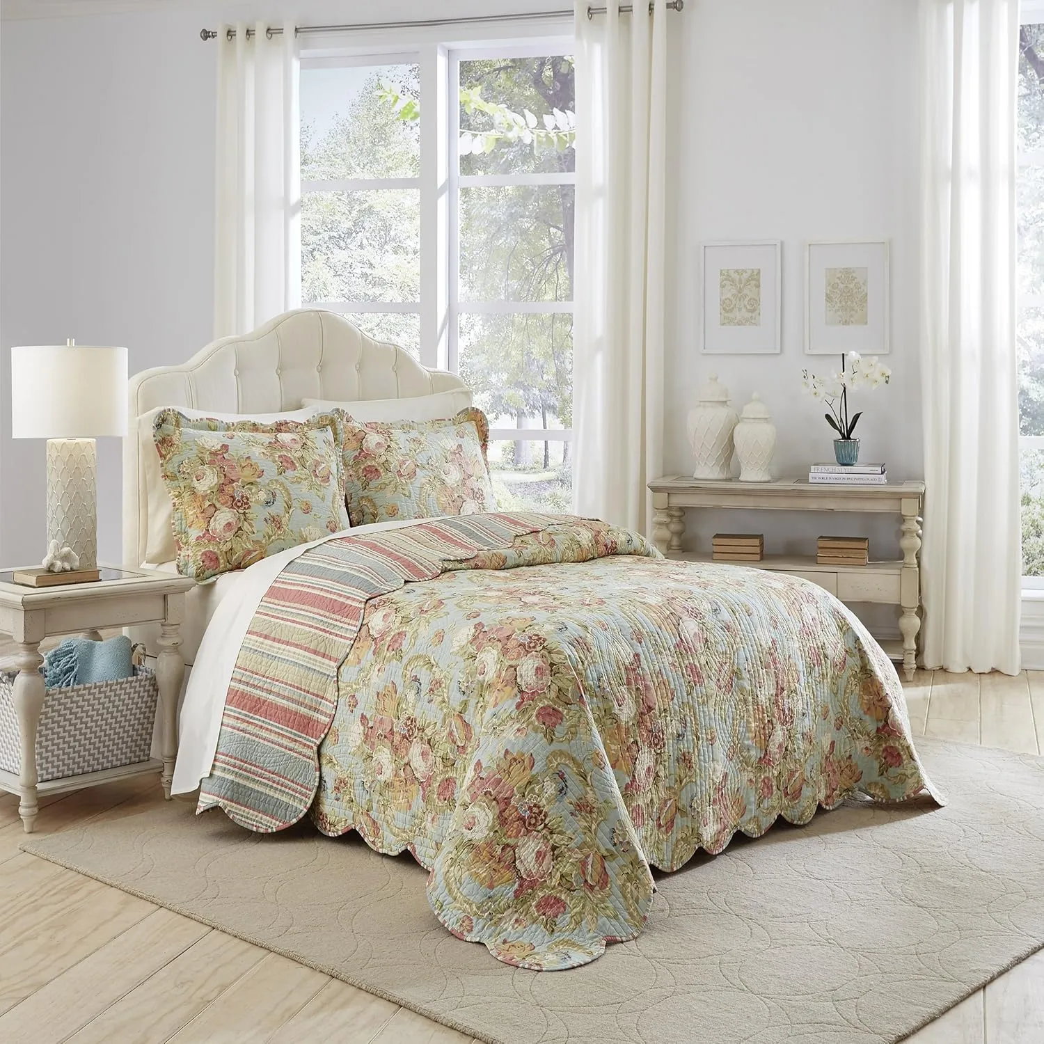 Waverly Spring Bling Modern Farmhouse Floral 3-Piece Reversible Quilt Bedspread Set, Full/Queen, Vapor
