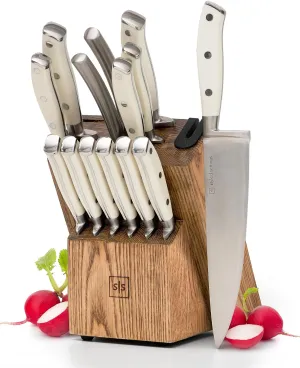 White Knife Set with Block – 14-Piece Forged Stainless Steel Knives with Triple Rivet Handles, Heavy-Duty Kitchen Shears, and Self-Sharpening Knife Block – Durable White Kitchen Accessories