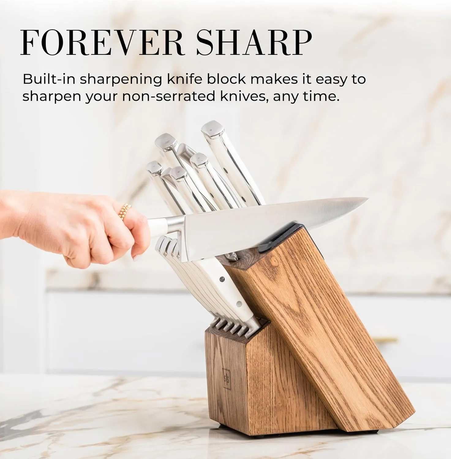 White Knife Set with Block – 14-Piece Forged Stainless Steel Knives with Triple Rivet Handles, Heavy-Duty Kitchen Shears, and Self-Sharpening Knife Block – Durable White Kitchen Accessories