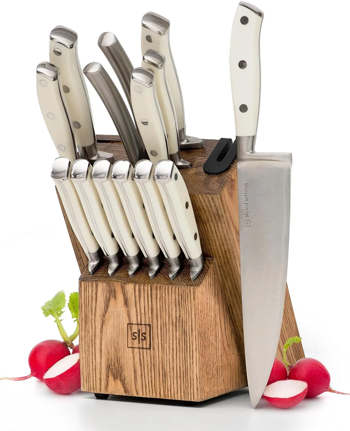 White Knife Set with Block – 14-Piece Forged Stainless Steel Knives with Triple Rivet Handles, Heavy-Duty Kitchen Shears, and Self-Sharpening Knife Block – Durable White Kitchen Accessories