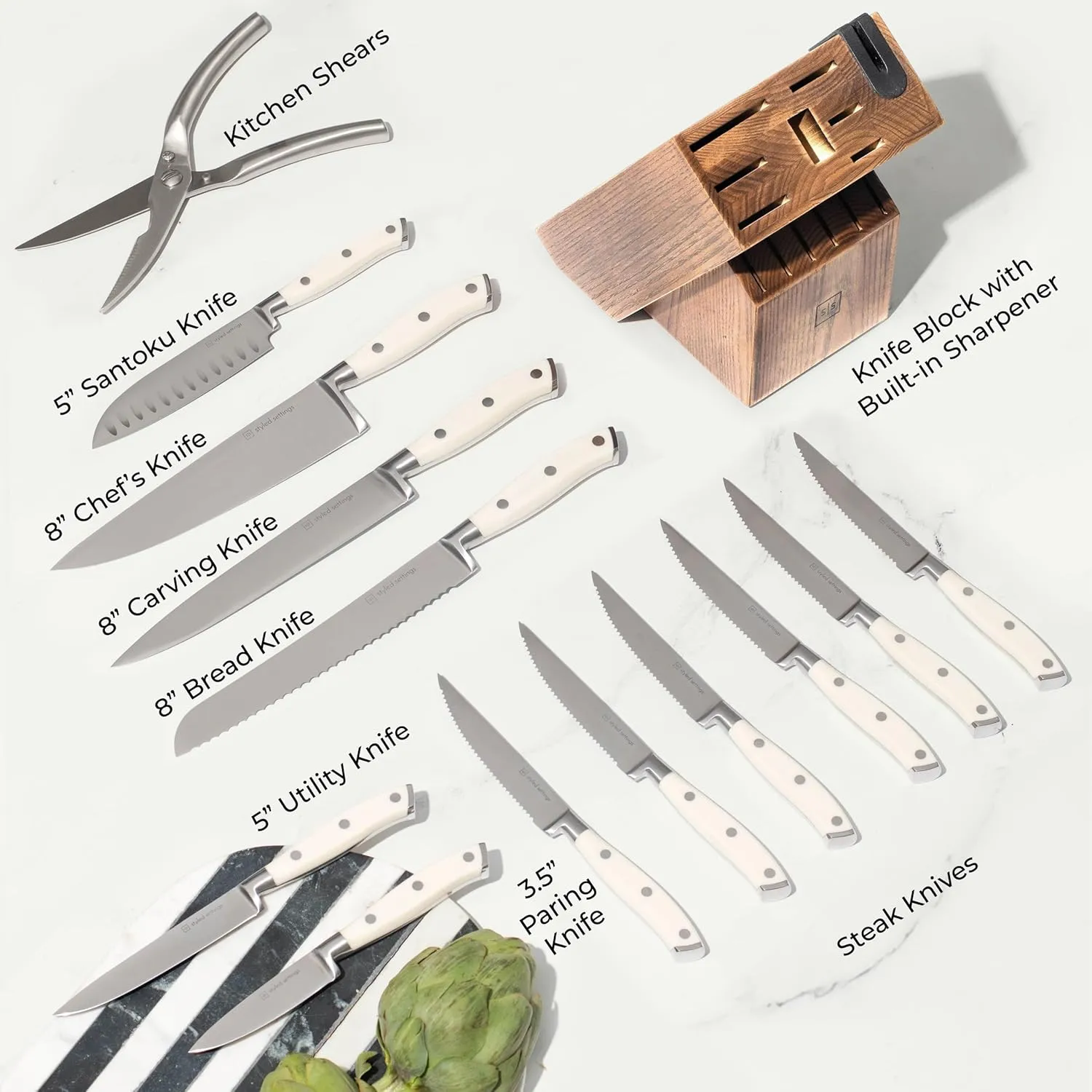 White Knife Set with Block – 14-Piece Forged Stainless Steel Knives with Triple Rivet Handles, Heavy-Duty Kitchen Shears, and Self-Sharpening Knife Block – Durable White Kitchen Accessories