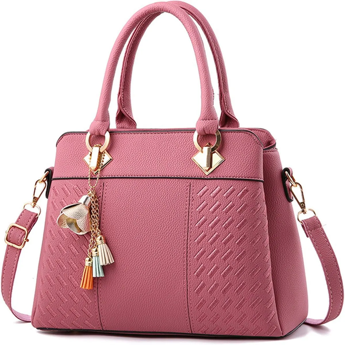 Women Leather Handbag and Purse Designer Shoulder Bag Flower Pendant Top-Handle Satchel Three Layer Pockets Tote