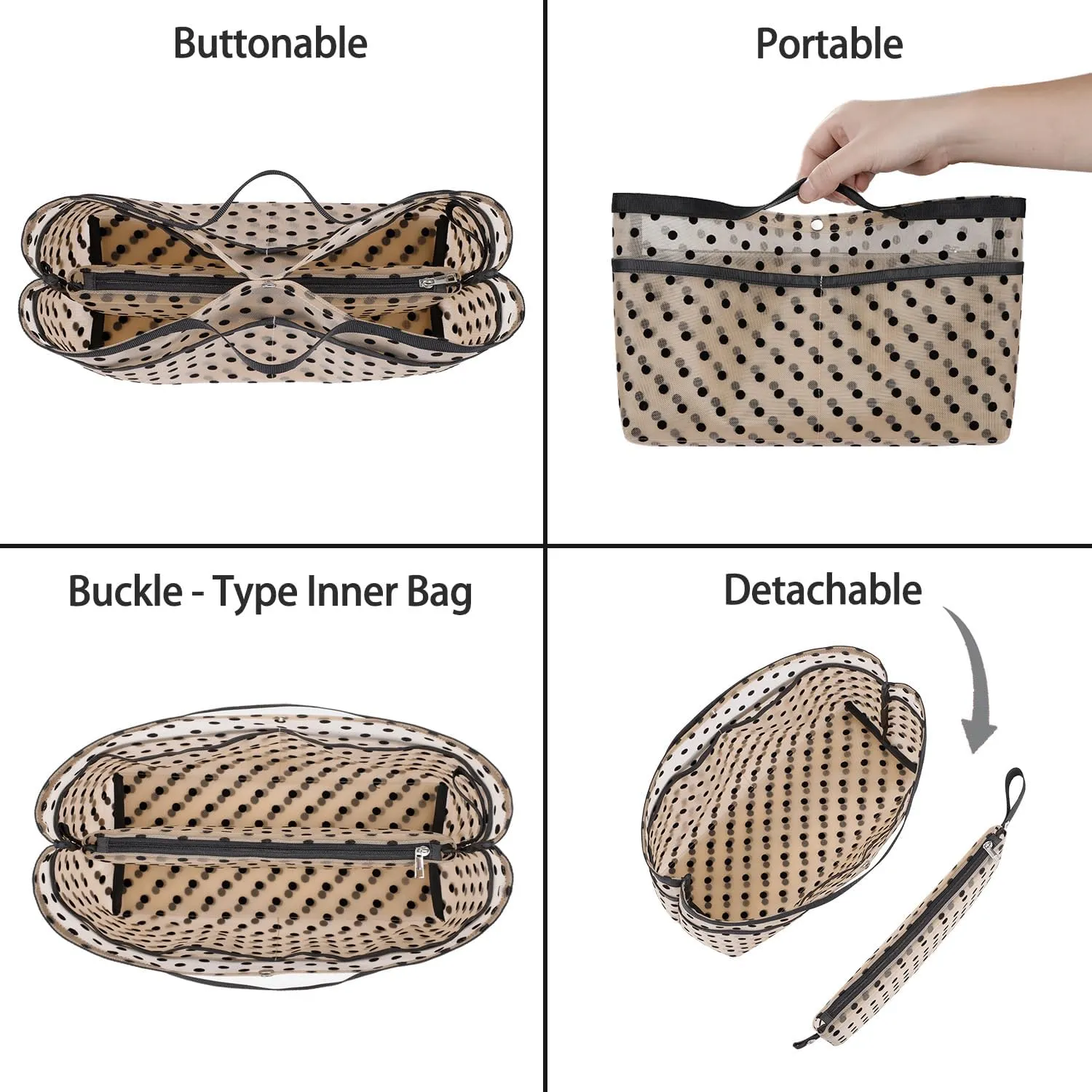 ZTUJO Purse Organizer Insert For Handbags,Mesh Bag Organizer Insert With Zipper Bag Tote Shaper Fit Speedy Neverful PM MM le Pliage,Light Weight (Brown polka dots Beige, Large)
