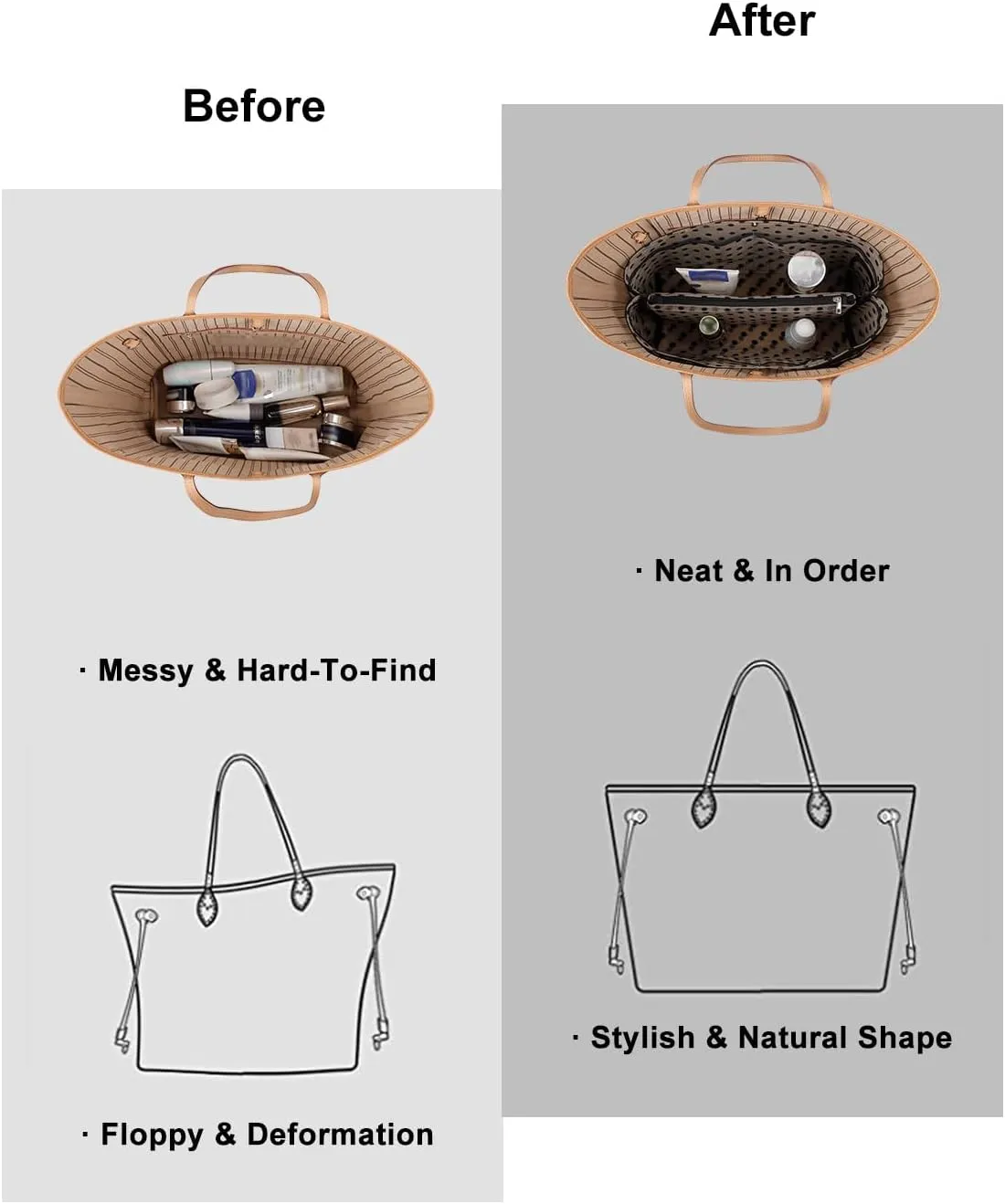 ZTUJO Purse Organizer Insert For Handbags,Mesh Bag Organizer Insert With Zipper Bag Tote Shaper Fit Speedy Neverful PM MM le Pliage,Light Weight (Brown polka dots Beige, Large)