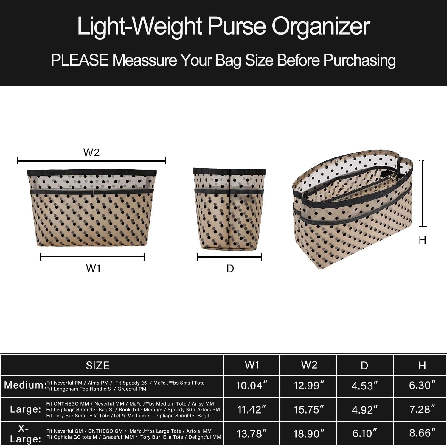 ZTUJO Purse Organizer Insert For Handbags,Mesh Bag Organizer Insert With Zipper Bag Tote Shaper Fit Speedy Neverful PM MM le Pliage,Light Weight (Brown polka dots Beige, X-Large)