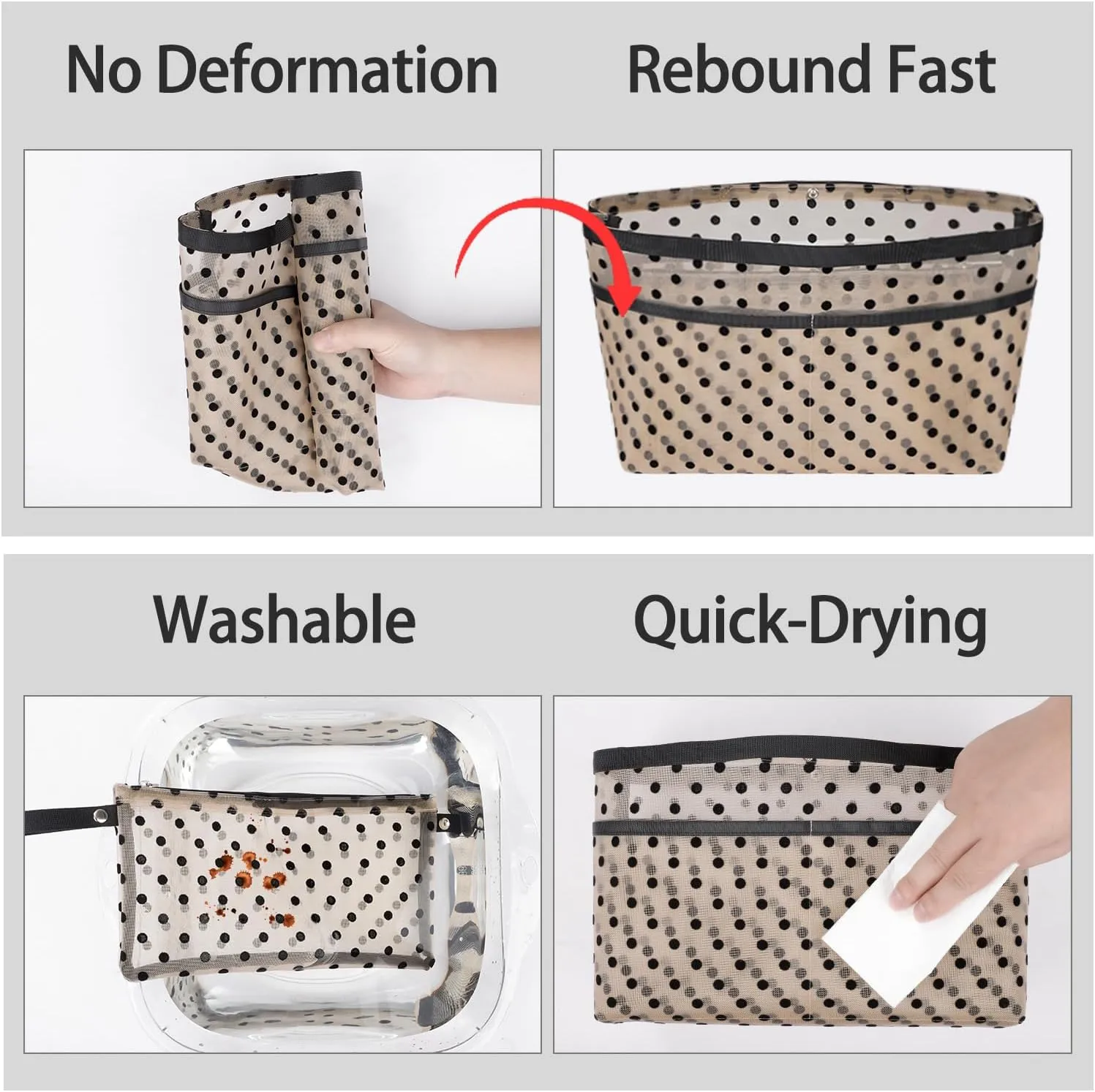 ZTUJO Purse Organizer Insert For Handbags,Mesh Bag Organizer Insert With Zipper Bag Tote Shaper Fit Speedy Neverful PM MM le Pliage,Light Weight (Brown polka dots Beige, X-Large)